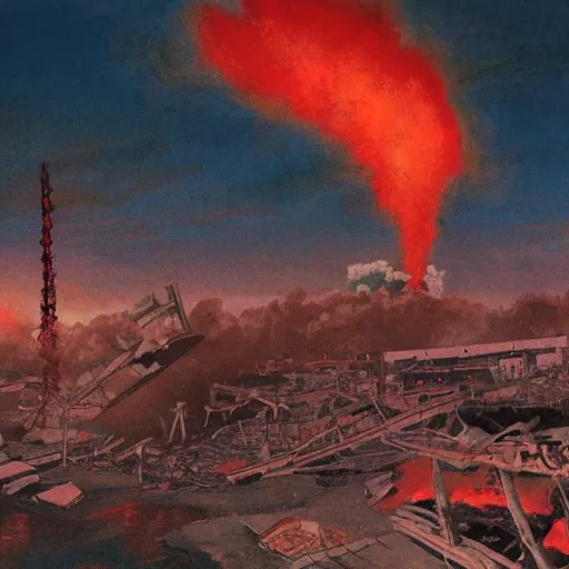 Prompt: atomic bomb destroys japan, all ruins, dusk trending to artstation