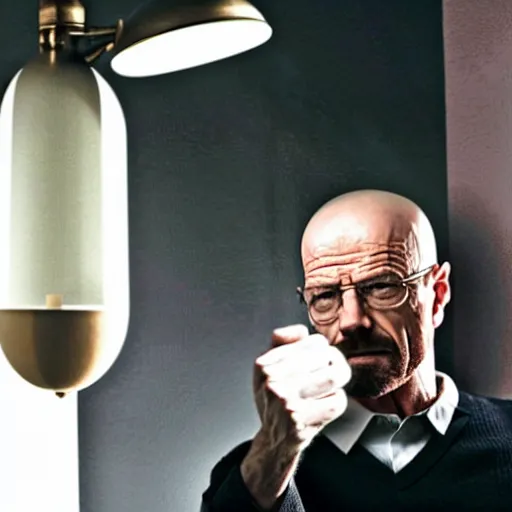 Prompt: walter white angrily strangling a lamp