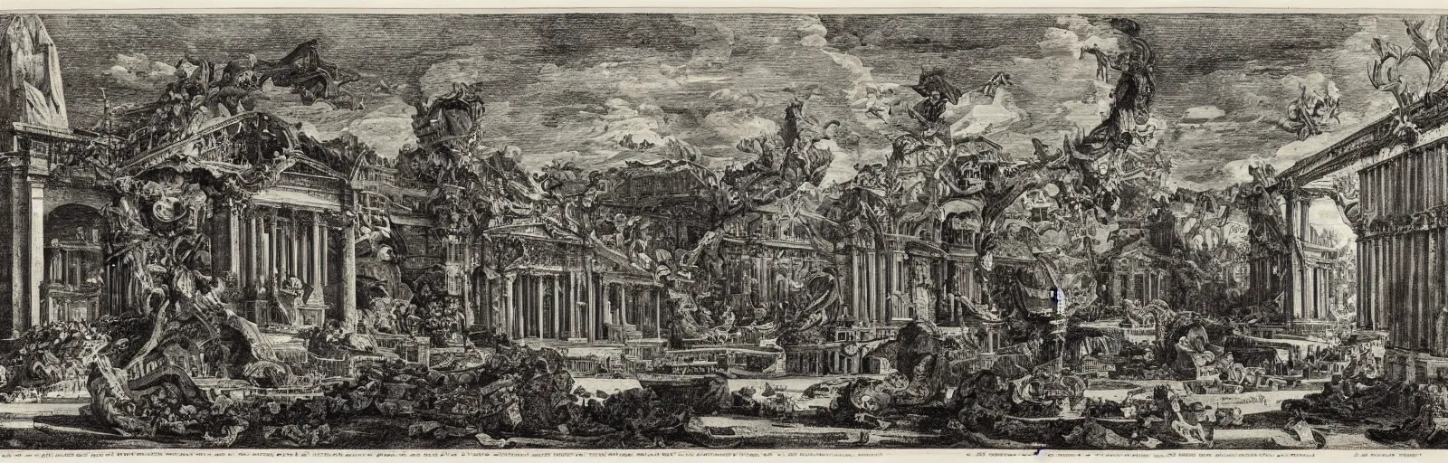 Image similar to a imaginative and theatrical architectural landscape, etching by giovanni battista piranesi