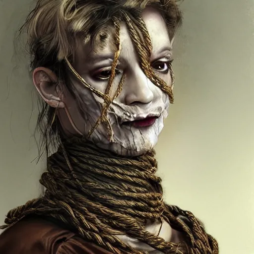 Image similar to portrait of a Shibari rope wrapped face and neck, headshot, insanely nice professional hair style, dramatic hair color, digital painting, of a old 15th century, old cyborg merchant, amber jewels, baroque, ornate clothing, scifi, realistic, hyperdetailed, chiaroscuro, concept art, art by Franz Hals and Jon Foster and Ayami Kojima and Amano and Karol Bak,