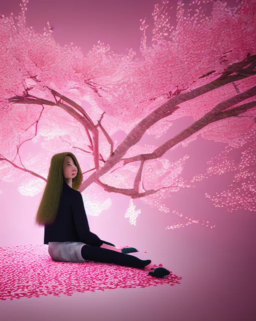 Prompt: a girl sitting in a cherry blossom tree, octane render, 3 d, 8 k