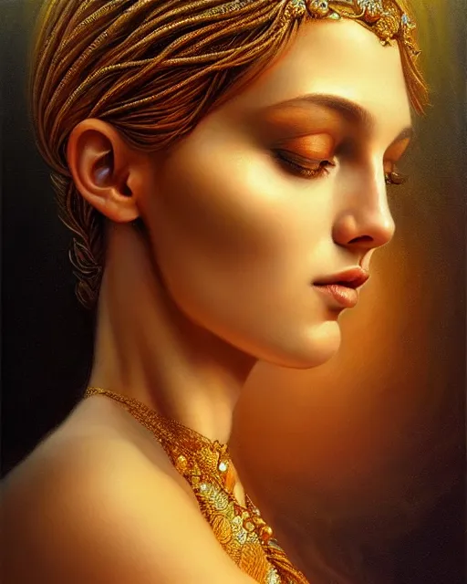 Prompt: portrait of the beautiful young aphrodite's goddess, unusual beauty, esoteric, other worldly colours, head in focus, fantasy art, ornamental, intricate, elegant, highly detailed hyperrealistic painting, artstation, concept art, painterly, golden ratio, sharp focus, illustration, art by karol bak