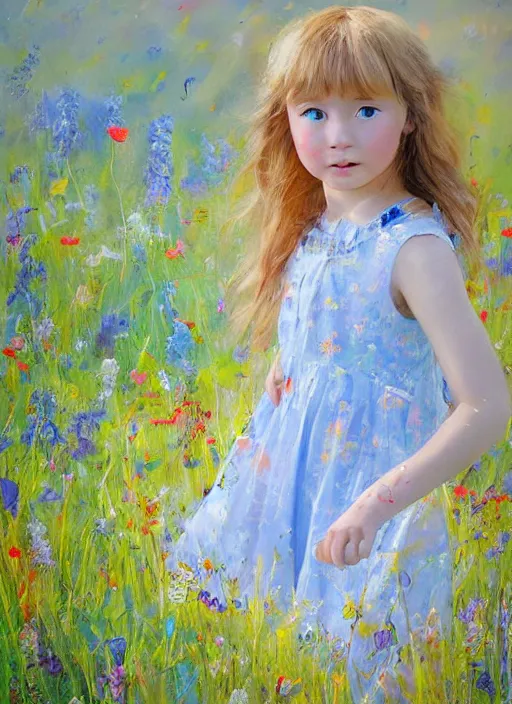 Prompt: a cute little girl with golden blonde hair and blue eyes standing in a field of colorful wildflowers wearing a sky blue summer dress. detailed face. beautiful painting by ruan jia