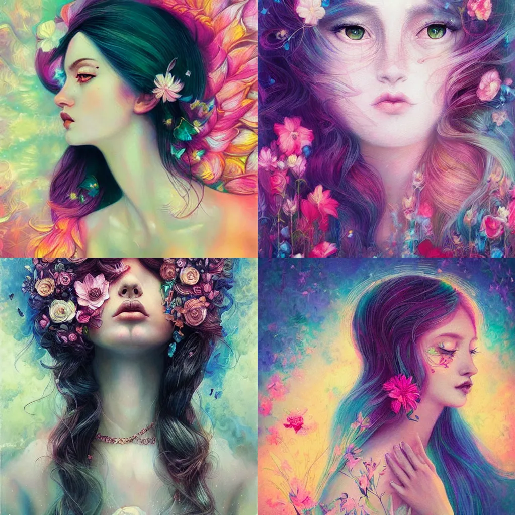 Prompt: aesthetic! angelic! woman portrait by Anna Dittmann and Harumi Hironaka and Filip Hodas, flowers, magical, artsy, impressionism