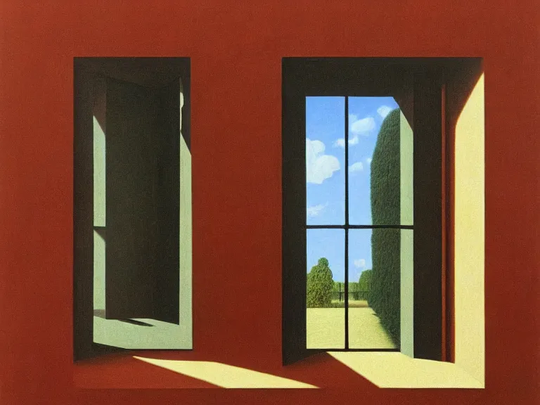 Image similar to an open window to nothingness in brick wall with endless hallway inside, painting by rene magritte, centered, high detail, high resolution