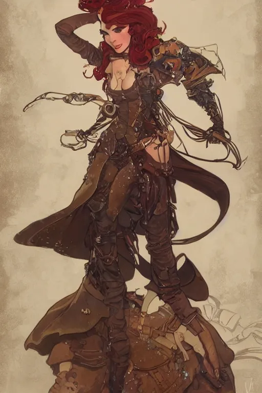 Image similar to ariel disney steampunk half - cyborg cowgirl, pelt coats, high fantasy, dnd, smooth, sharp focus, illustration, highly detailed, digital painting, artstation, concept art, by rossdraws, alphonse mucha, frank fanzzeta, collectible card art