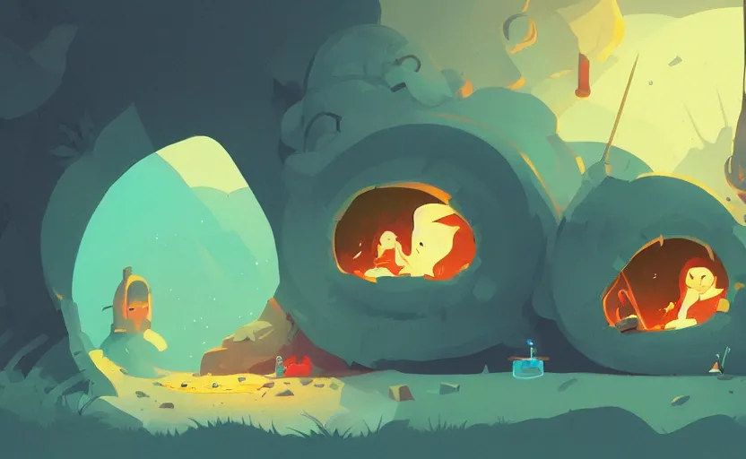 Prompt: dragons sleeping in his cave, james gilleard, print, game art