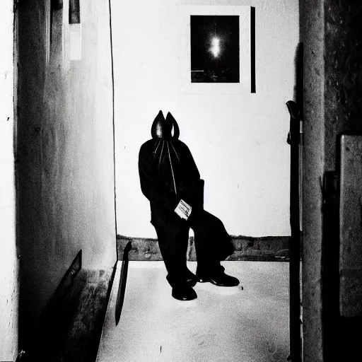 Image similar to creepy Liminal interior with Mothman, masked person in corner, in the style of 35mm flash photography, award winning photograph,