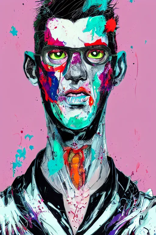 Prompt: bilateral split portrait wealthy male half necromancer, made of white gucci fabric, pixiv fanbox, dramatic lighting, maximalist pastel color palette, splatter paint, pixar and disney exploded - view drawing, graphic novel by fiona staples and dustin nguyen, peter elson, alan bean, wangechi mutu, clean cel shaded vector art, trending on artstation