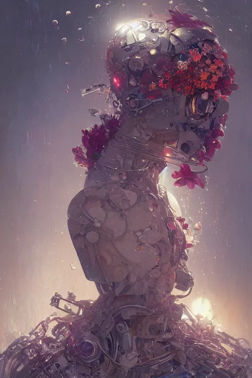 Prompt: ultra realistic, robot broken woman lying flower garden, cyberpunk, sci - fi, fantasy, intricate, elegant, highly detailed, digital painting, artstation, concept art, smooth, sharp focus, illustration, art by artgerm and greg rutkowski and alphonse mucha