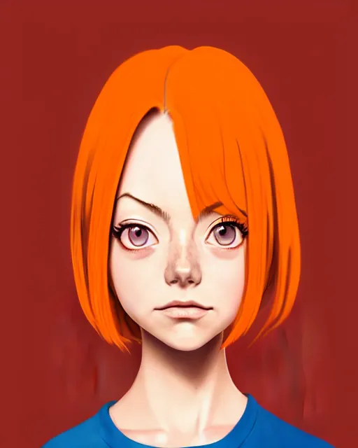 Image similar to beautiful anime girl, full body Emma Stone, orange glowing hair, sarcastic smiling, clear clean face, symmetrical face, blurry background, pose, face by Ilya Kushinov style, style by Loish, Norman Rockwell, painterly style, flat illustration