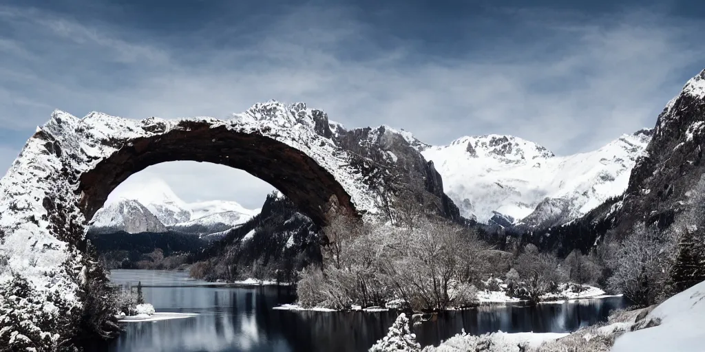 Image similar to Galaxy arch bridge, the foreground is snowy mountains and lakes, in the style of National Geographic magazine