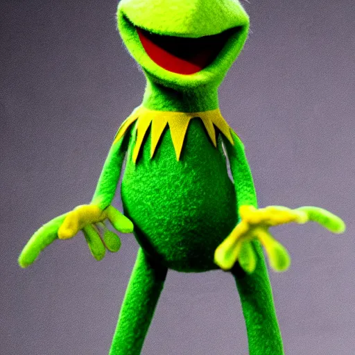 Prompt: photo of jim Henson\'s Kermit the frog looking incredibly angry to have been served divorce papers, shaking his fist, professional photography, green frog felt Muppet puppet, high definition