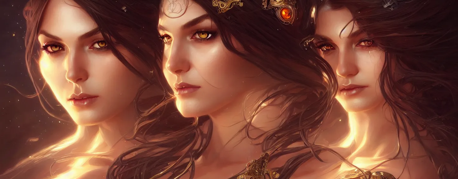 Image similar to fantasy magic woman portrait, sci-fi, amber eyes, face, long hair, fantasy, intricate, elegant, highly detailed, digital painting, artstation, concept art, smooth, sharp focus, illustration, art by artgerm and greg rutkowski and alphonse mucha