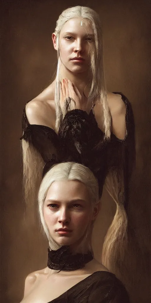 Prompt: the portrait of ( ( ( ( ( hunter schafer ) ) ) ) ) in black wax crown by roberto ferri, fantasy, witcher, very detailed oil painting, masterpiece, 8 k