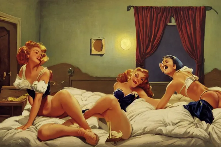 Prompt: pillow fight in the girls dormitory, concept art, by Gil Elvgren, cinematic