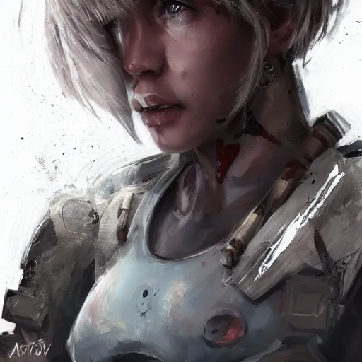 Image similar to tattooed dirty stoic butch heroic emotionless blonde woman computer engineer in tattered dirty flight suit, very short messy hair, highly detailed, digital painting, artstation, concept art, matte, sharp focus, illustration, art by artgerm