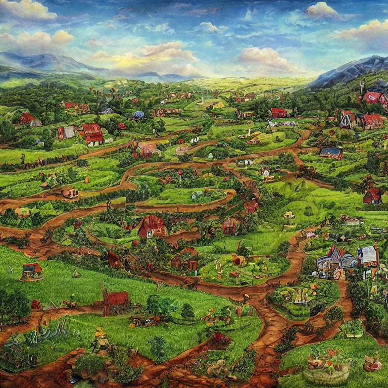 Prompt: rolling valley of farmsteads and gardens by Walt Curlee, fantasy art, folk art