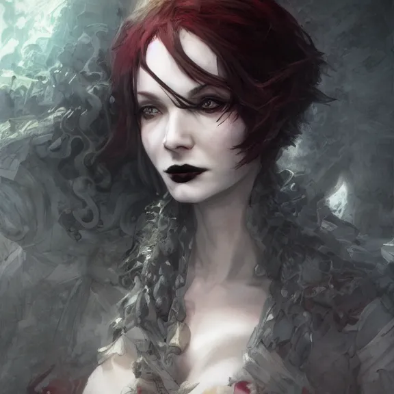 Image similar to christina hendricks!!! goth, tankoban, 4 k, tone mapping, akihiko yoshida, james jean andrei riabovitchev marc simonetti, yoshitaka amano, long hair, curly, h. hydrochaeri