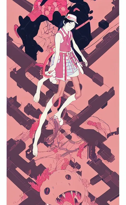 Prompt: Artwork by James Jean, Phil noto and hiyao Miyazaki ; a young Japanese future samurai police girl named Yoshimi battles an enormous looming evil natured carnivorous pink robot on the streets of Tokyo; Japanese shops and neon signage; crowds of people running; Art work by hiyao Miyazaki, Phil noto and James Jean