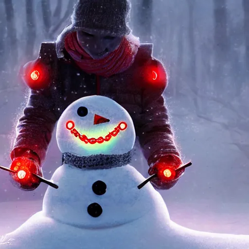 Image similar to a snowman, half made out of cyborg parts, with one glowing red eye, with an evil smile on his face, in the middle of a snow forest, dynamic lighting, photorealistic fantasy concept art, trending on art station, stunning visuals, creative, cinematic, ultra detailed