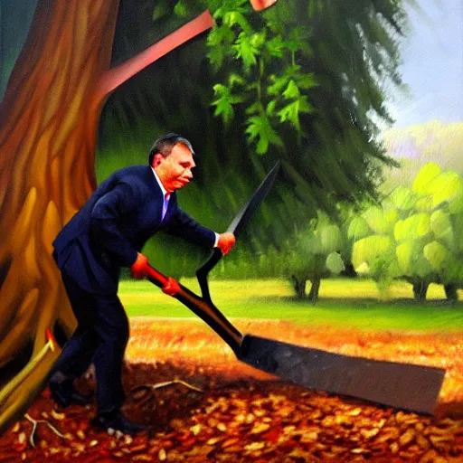 Prompt: viktor orban chopping a tree, oil painting