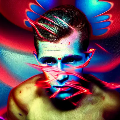 Prompt: psychedelic fantasy male portrait, caucasian, brown hair with red and blue highlights, in a cinematic wallpaper, glitch effects, dissolve effects, noise, halo / nimbus, devils horns, angel wings, raven wings, hdr 8 k dop dof