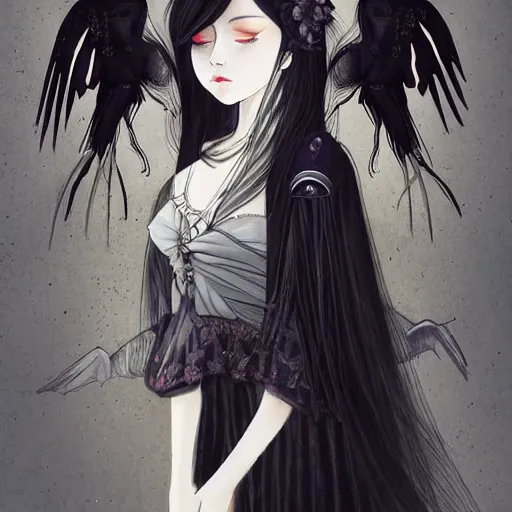 Image similar to dark haired girl, goth style, raven on her shoulder, pale gentle face, intricate detailed outfit, art by sakimichan, studio ghibli