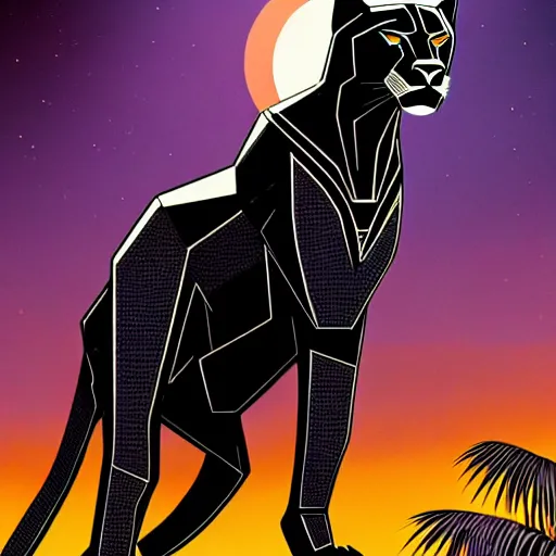 Image similar to artdeco illustration of one beautiful majestic black panther. beautiful. mysterious. intricately detailed. meticulously rendered. background is a jungle. epic skym hd. trending on art station. h 7 6 8