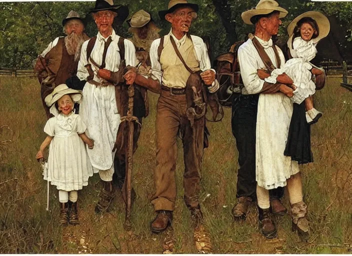 Image similar to mormon pioneers by norman rockwell, highly detailed