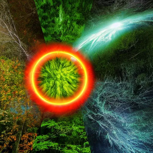 Prompt: A photo realistic green forrest with blue skies, a portal with a blue and orange nebula is showing at the back