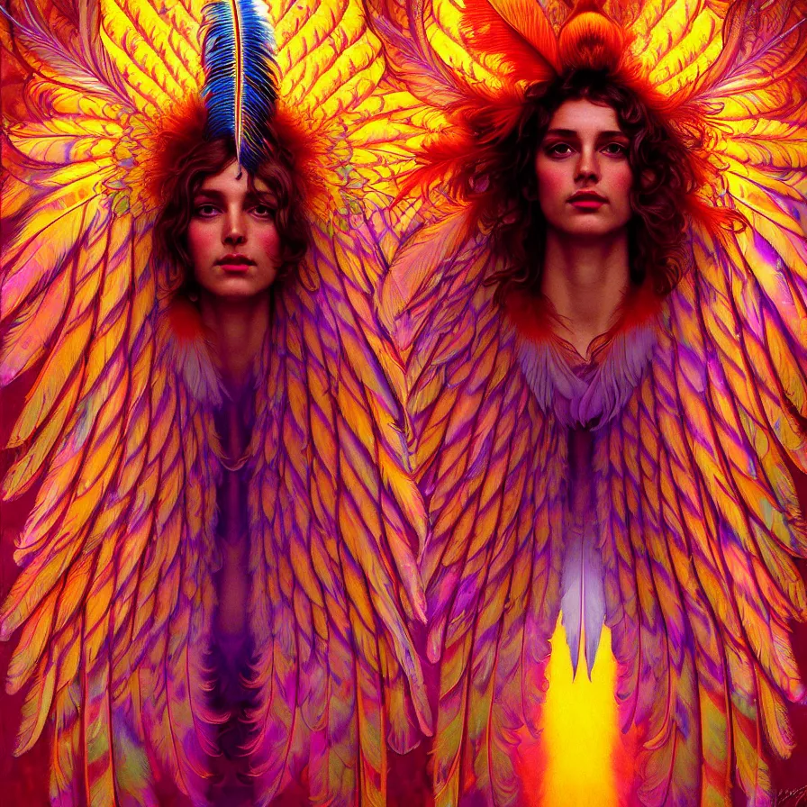 Image similar to face of innocent psychedelic transcendent feather mind bending psychedelic wings of glossy liquid honey flowing like kaleidoscopic translucent holograph, lsd feathers, feathery fluff, enlightenment, high contrast dappled lighting, refracted sunset, highly detailed, concept art, art by collier, albert aublet, krenz cushart, artem demura, alphonse mucha