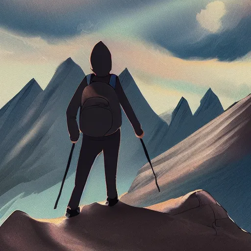 Image similar to person with hoodie walking up a mountain with a backpack that has katanas on the sides by carrie south, anime, amazing composition, astonishing detail, smooth lines, beautiful scenery