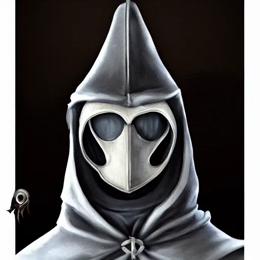 Image similar to female plague doctor donning a black hood, steel armor and a white crow mask, trending on artstation