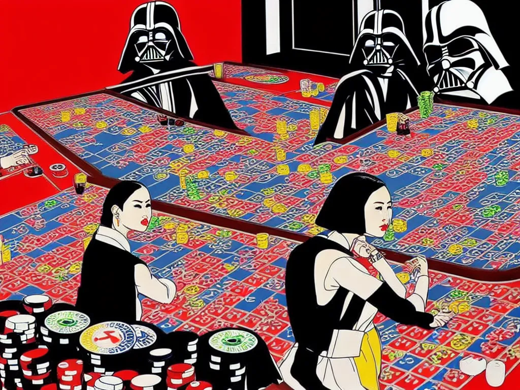 Image similar to hyper - realistic composition of a room with an extremely detailed poker table, woman in traditional japanese kimono standing nearby, darth vader sitting at the table, fireworks in the background, pop art style, jackie tsai style, andy warhol style, acrylic on canvas