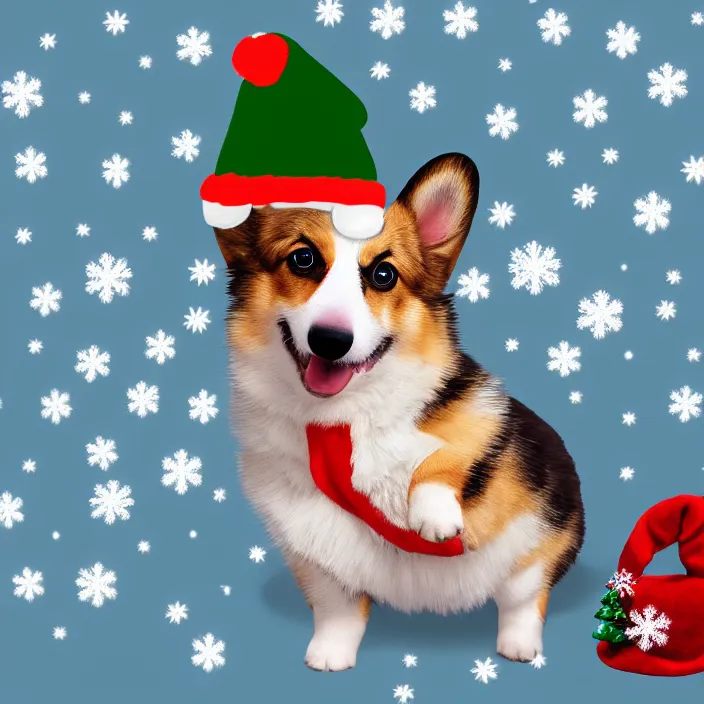 Image similar to cute corgi puppy dog wearing a christmas hat by koson ohara with a transparent background