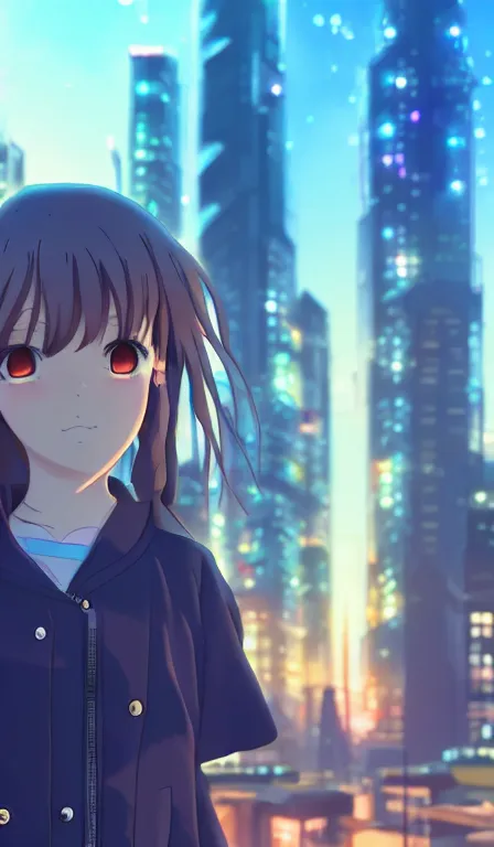 Image similar to anime fine details portrait of Marin in front of cyberpunk moder city landscape on the background deep bokeh, close-up view, anime masterpiece by Studio Ghibli. 8k, sharp high quality anime, artstation