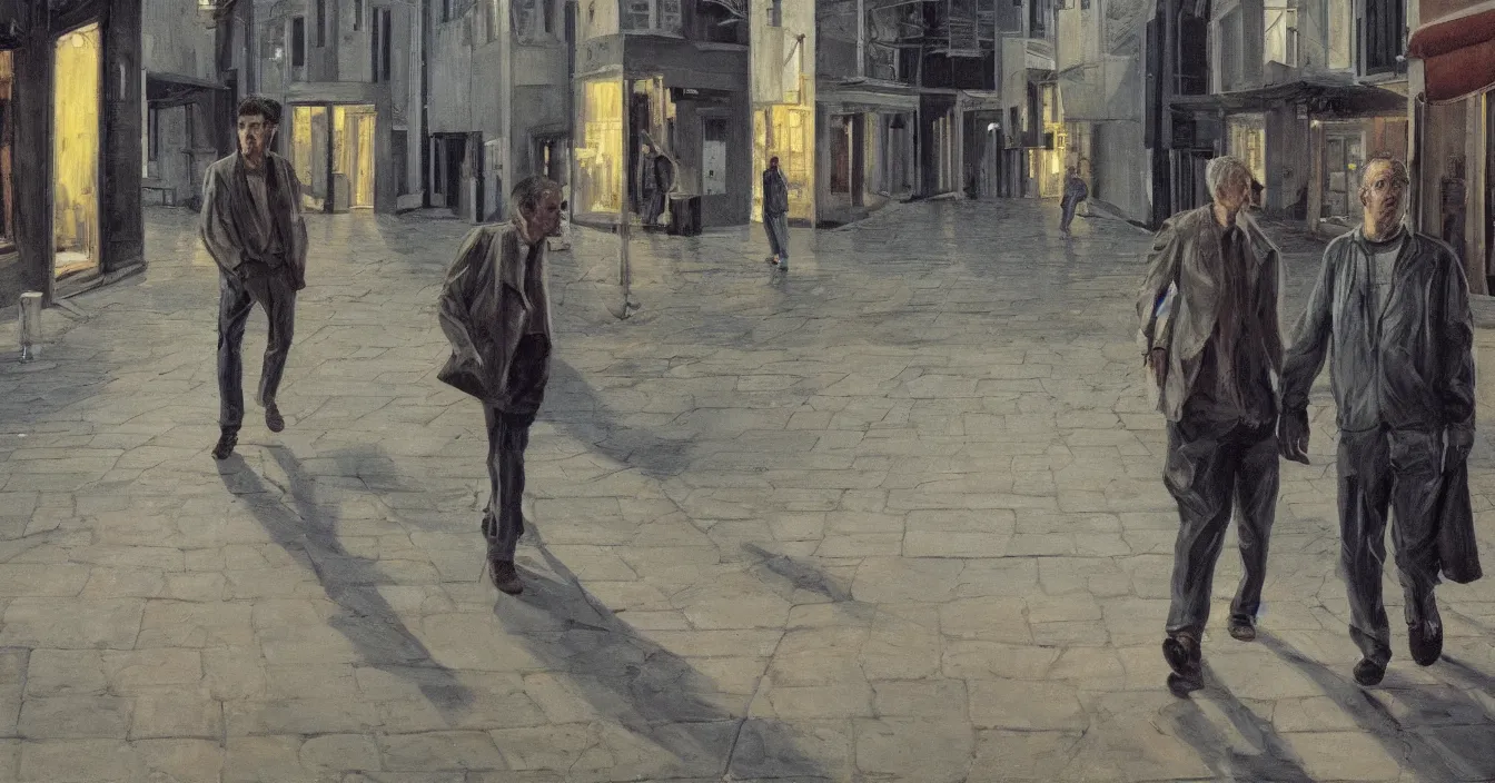 Image similar to high quality high detail painting of todd solondz walking with a friend in an empty tel aviv street, night, by lucian freud and gregory crewdson, hd, photorealistic lighting