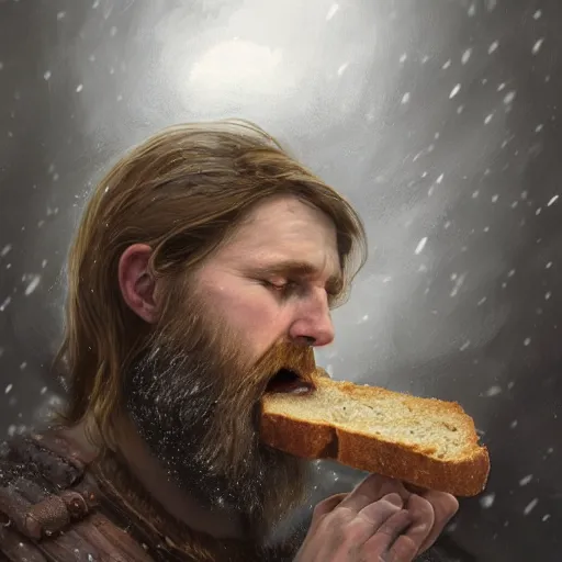 Prompt: epic portrait An viking eating loaf of bread during winter, blizzardy, beauty, pretty face, glossy skin, beard, digital painting, artstation, concept art, soft light, hdri, smooth, sharp focus, illustration, fantasy, intricate, elegant, highly detailed, D&D, matte painting, in the style of Greg Rutkowski and Alphonse Mucha and artemisia, 8k, highly detailed, jurgens, rutkowski, bouguereau, pastoral, rustic, georgic