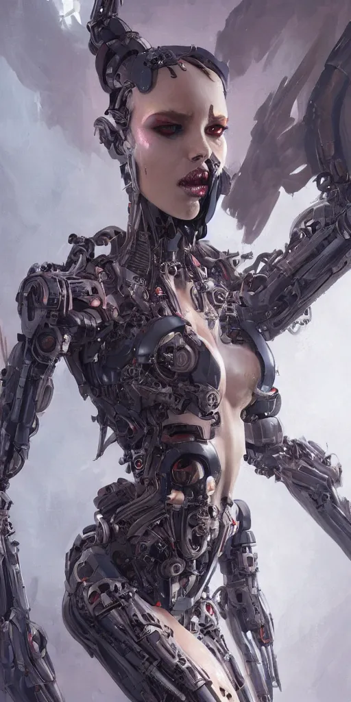 Image similar to a cyborg succubus, flawless symmetrical pretty cute face, greg rutkowski, 8 k, shallow depth of field, intricate detail, concept art,