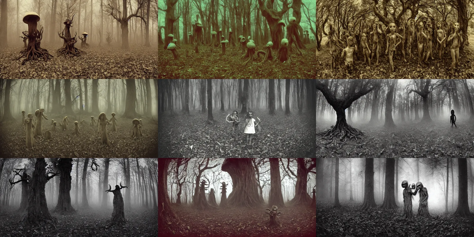 Prompt: mushroom demonic children, terrifying tortured tree monsters with distorted pained faces made of bark, lovecraftian eldritch horror, pans labyrinth, liminal, nightmare inducing, unsettling found footage, haunted, low quality grainy, foggy, bokehlicious, shot on expired kodak film, fisheye lens