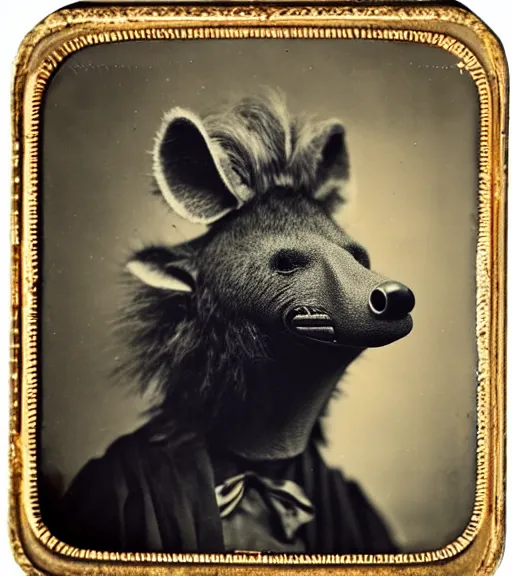 Image similar to professional studio photo portrait of anthro anthropomorphic spotted hyena head animal person fursona smug smiling wearing crown elaborate pompous royal king robes clothes degraded medium by Louis Daguerre daguerreotype tintype