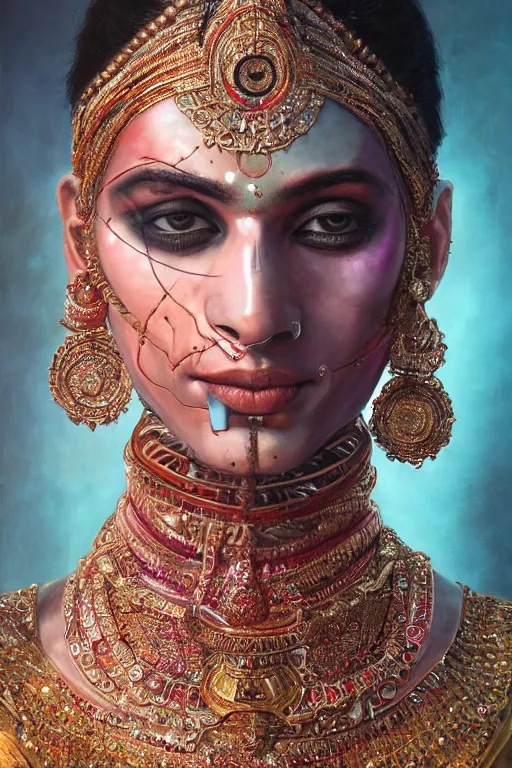 Prompt: a stunning ultra detailed fine art portrait of an indian classical dancer wearing a cybernetic bionic bandana mask, cyberpunk, by tom bagshaw and zach sutton, 8 5 mm lens, sharp focus, mechanoid, studio lighting, perfect face and eyes, very detailed, artstation, 8 k