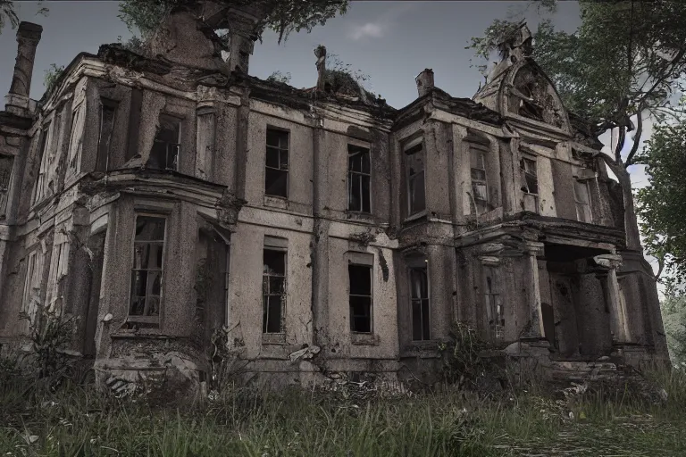 Image similar to ruined, abandoned polish mansion, seen from inside, low camera angle. Moonlight falls through the broken windows. Dirt, leaves on ground. Unreal Engine. Substance painter. Zbrush. Trending on artstation. 8K. Highly detailed.