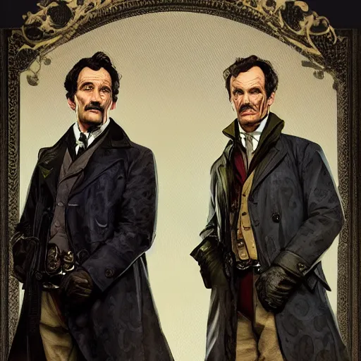 Image similar to [UHD Sherlock Holmes and Watson as GTA characters, correct faces, intricate, elegant, graphic detail, digital painting, trending on artstation, concept art, tonalism, sharp focus, illustration, art by Miguel Vasquez and Greg Rutkowski and Alphonse Mucha]