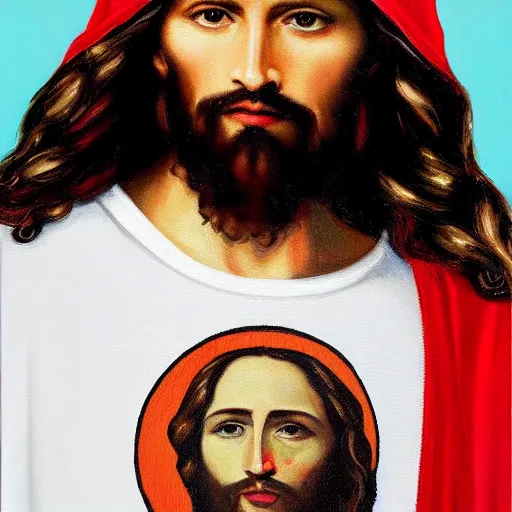 Image similar to an oil painting showing jesus wearing a supreme t - shirt underneath a gucci hoddie, 4 k, highly detailed