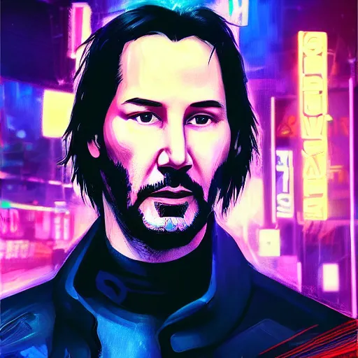 Image similar to portrait of Keanu Reeves on neon street in Cyberpunk city, synthwave, artstation art, night, professional light