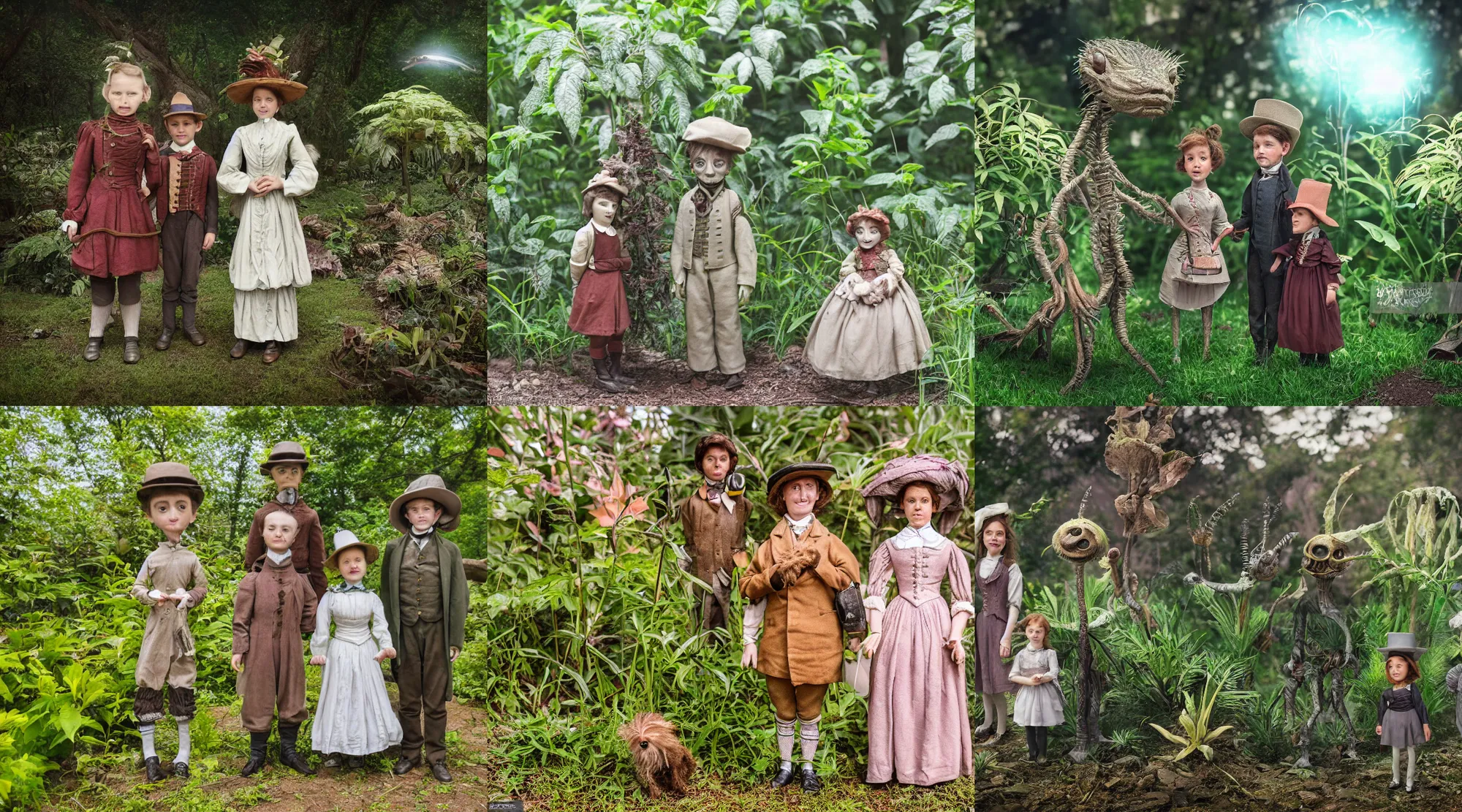 Prompt: detailed, sharp, a girl and a boy standing next to some strange wild alien plants, looking happy, wearing 1860s era clothes, their small pet tiny alien creature is standing nearby, in a park on a strange alien planet, extremely highly detailed, award winning photograph, 4k, 35mm macro lens, cinematic lighting, sharp focus