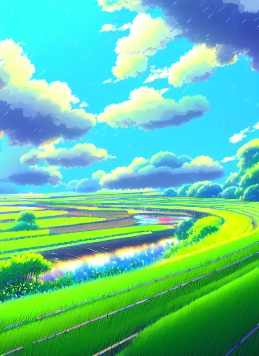 Prompt: a colourful ultradetailed anime illustration of a rainy fields and villages, river, sky, summer, by ghibli, makoto shinkai, bright and transparent animation style, anime art wallpaper 4 k, trending on artstation