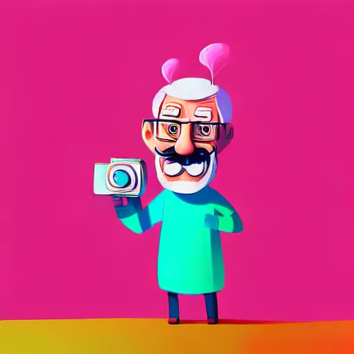 Prompt: curled perspective digital art of a cute smiling grandpa cartoon character with a photo camera by anton fadeev